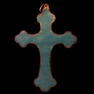 Enameled Brass Crucifix Pendant w Floral Motif,  Red Blue White,  Vintage 2.  5 