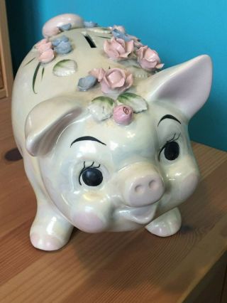 Vintage Lefton Piggy Bank Iridescent Glazed Ceramic W/ 3 Dimensional Flowers