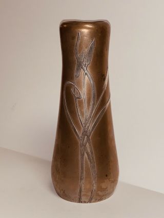 Antique Heintz Vase Bronze W Sterling Silver Overlay 3729 Cattails Art Nouveau