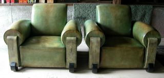Antique French Art Deco Leather Shagreen Club Chairs C1940 Rene Drouet Modernist
