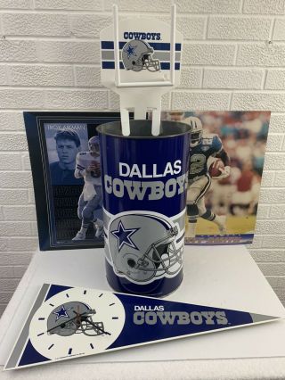 Vintage Nfl Dallas Cowboys Metal Trash Can Collectible Pennant Clock W/ Posters