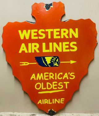 Enamel Sign Old Western Airlines Vintage Porcelain 24 X 20 Inches