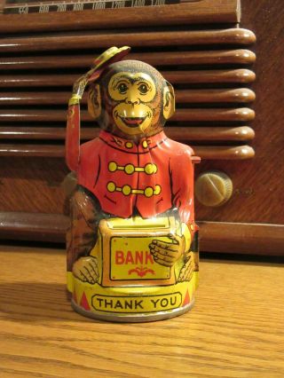 J.  Chein Tin Organ Grinder Monkey W/tipping Hat 1940s
