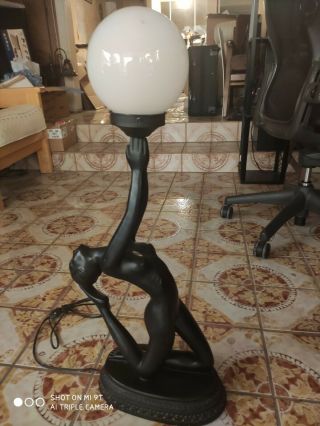 Art Deco Styled 29 " Nude Woman Black Resin Table Lamp Kneeling 11lbs.