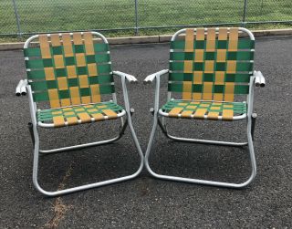 Vtg Set 2 True 1950’s Heavier Aluminum Folding Lawn Chairs Webbed Green Gold Euc