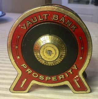 Vintage 1930s Tin Coin Savings Vault Bank Prosperity Dial Safe Combination Lock