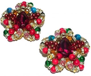 Vintage 1950s Large Multi Color Hand Beaded Statement Clip Earrings