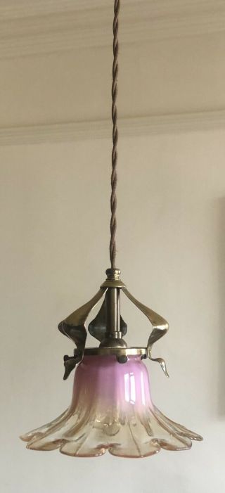 Arts And Crafts / Nouveau Pendant Light / Lamp With Vaseline Glass Shade