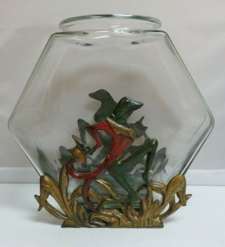 Antique Art Deco Cast Iron Fish Bowl Stand Aquarium Dapper Frog