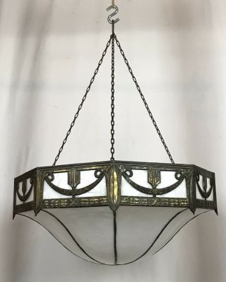Antique Arts & Crafts Slag Glass Hanging Ceiling Light Fixture Chandelier