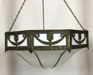Antique Arts & Crafts Slag Glass Hanging Ceiling Light Fixture Chandelier 2