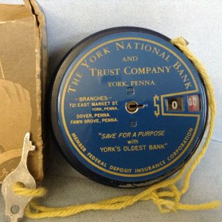 VTG BLUE Coin Add O Bank Patent 1942 w/Key & Box The York National Bank York PA 2