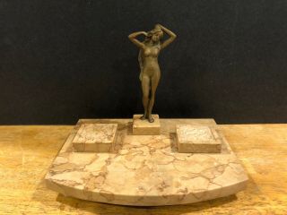 Antique Art Deco Bronze Brass Nude Woman Marble Inkwell M.  Gibiser