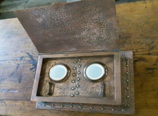Rare Arts And Crafts Hammered Copper Double Inkwell Porcelain Inserts Circa 1900