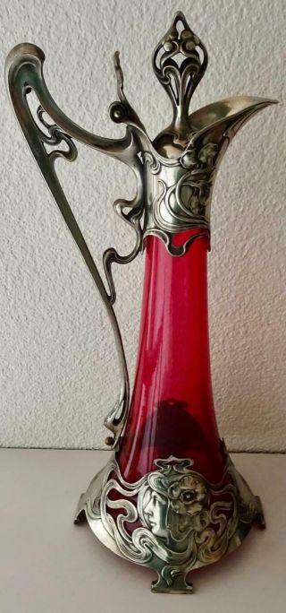 Outstanding Wmf Secessionist,  Art Nouveau Claret Jug: Red Glass: Maiden Head