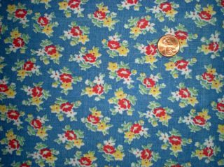 Small Floral On Blue Vtg Feedsack Quilt Sewing Dollclothes Craft Fabric
