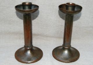 Roycroft Attr Hammered Copper Pair Candlesticks Unmarked