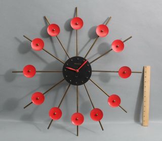 Rare 1960s Mid Century Modernist Bulova Red & Black Brass Starburst Clock,  Nr