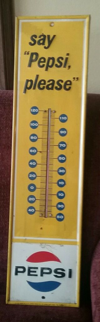 Vintage " Say Pepsi Please " Thermometer Sign 28 " X7 ".  With Thermometer