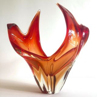 Mid Century Modern Murano Art Glass Red Orange Flame Sculptural Centerpiece Bowl