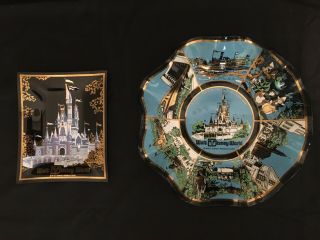2 Walt Disney World Magic Kingdom Candy Dish Plate Ashtray Vintage Glass