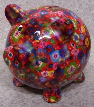 Coin Piggy Bank Ceramic Savings Animal Barnyard Pig Multicolor Rose Red Base