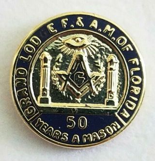 Vintage E F& A M Florida Masons Grand Lodge Enamel 50 Year Member Lapel Pin Nib