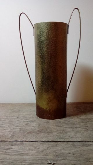 Antique Arts And Crafts Hammered Copper Wine Bottle Sleeve With Two Handles.