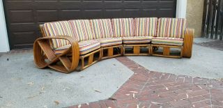 Vtg Curved Paul Frankl 6 - Strand Rattan Bamboo Mcm Sectional Sofa