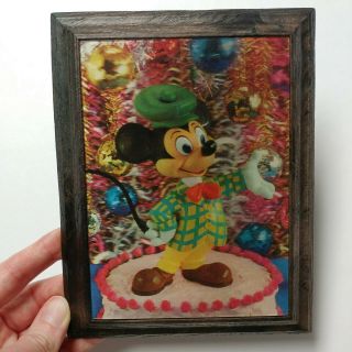 Vtg Disney Mickey Mouse Christmas Lenticular Framed 3d Postcard Holiday Cake 