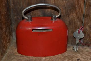 Vintage Metal Bank Mechanical Slot Patina Red Paint Cool Orig.  Key/lock Germany