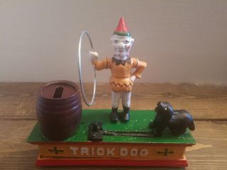 Vintage Cast Iron Mechanical Bank Clown & Trick Dog Hand Painted Complete,