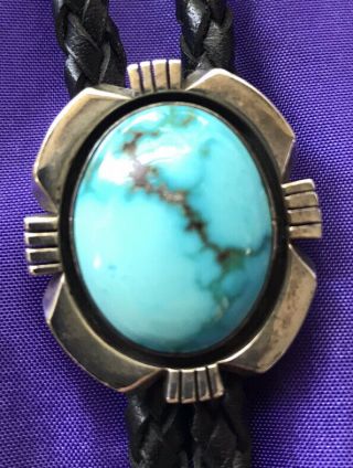 Vintage Native American Sterling Silver & Turquoise Bolo Tie,  Signed