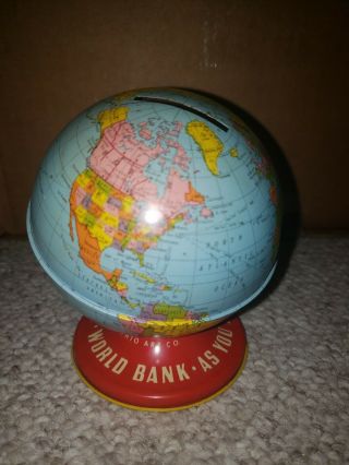 1950 Ohio Art Toy Co.  Tin - Litho Small World Globe Coin Bank Change Vintage Rare