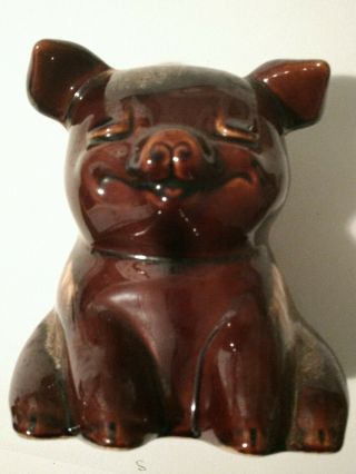 Vintage Hull Porcelain Sitting Pig Piggy Bank,  Made In Usa,  196 Brown Blue Drip