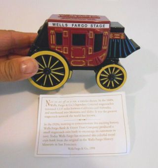 Wells Fargo Stage Coach Wagon Die Cast Metal Coin Bank With 2 Keys & Paper