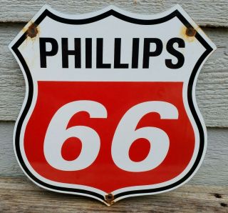 Vintage " Phillips 66 " Orange Shield 11 3/4 " Porcelain Metal Gasoline & Oil Sign