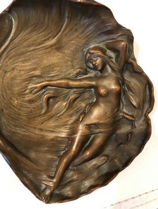 Antique Art Nouveau Bronze Dish Tray Nude Lady Woman Venus Nymph Relief