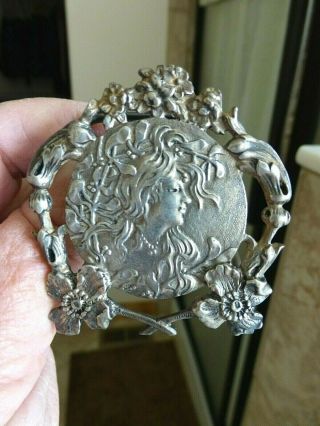 Stunning Art Nouveau Brass/silvertone Lady W Flowing Hair Place Card/card Holder