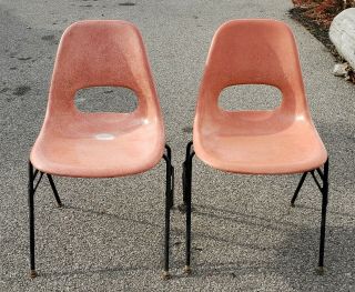 Vintage Mid Century Modern Eames Krueger Molded Fiberglass Orange Chairs Set 2