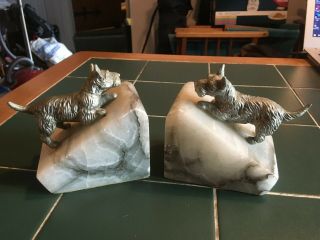 Pair Art Deco White Metal Scotty Westie Dogs On Marble Bookends