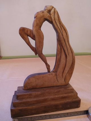 Carved Antique Wooden Art Deco Flowing Hair Nude Female Sculpture Plinth 1920 