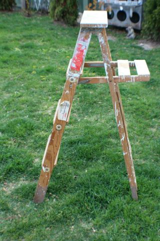 Vintage Wood “famous Ladder” Four Feet Painters Folding Goshen Churn & Ladder