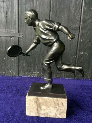 Antique Art Deco Bronze & Marble Tennis Player Statue Figurine Sculpture
