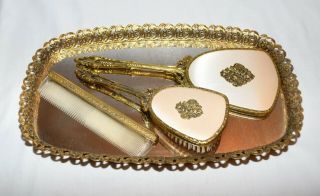 Vintage 24k Gold Plated Vanity Set Hand Mirror Brush Comb Tray Floral Design