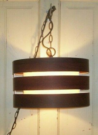 Vintage Mid Century Swag Hanging Lamp/light Round Walnut Wood Grain Design