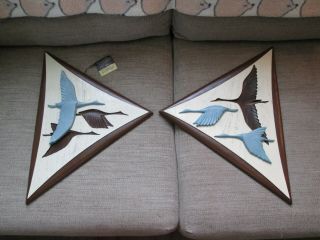 Mid Century Modern Arabesque Wood Flying Geese Aqua Blue Burwood Prod.  W/ Tag