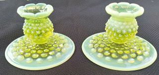 Vintage Fenton Vaseline Opalescent Hobnail 2 Art Glass Topaz Candle Holder