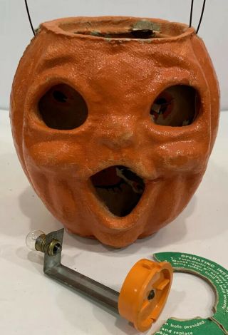 Vtg.  Double Face Halloween Paper Mache Pulp Pumpkin Jack O Lantern Light
