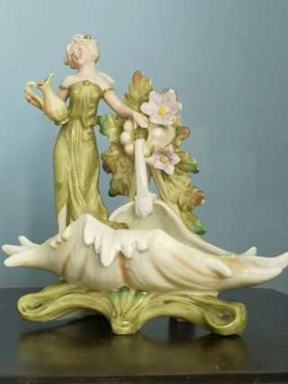 Antique German Porcelain Bisque Art Nouveau Figure Shell Fontaine Dish Vase